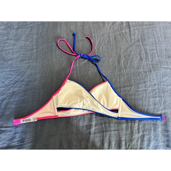 Pink Victoria's Secret Halter Neck Bikini Top S Pink Blue‎ Cutout Colorblock - Picture 6 of 6